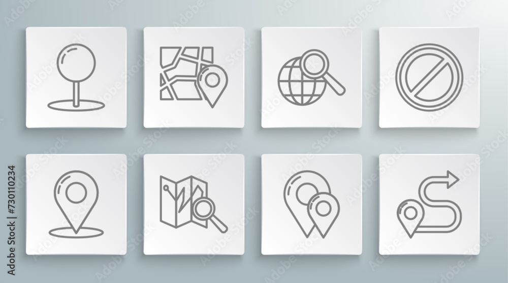 Poster set line map pin, folded map with location marker, route, magnifying glass globe, stop sign and push