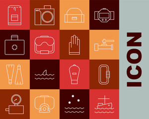 Set line Fishing boat on water, Carabiner, Industry metallic pipes and valve, Case or box container for wobbler, Diving mask, First aid kit, Backpack and Gloves icon. Vector