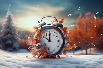 Winter Time Concept. 3D Rendering of Clock Changing from Autumn to Winter Daylight Saving Time.