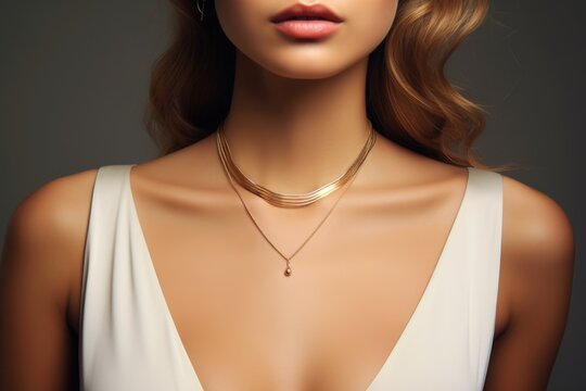Shiny and Beautiful Golden Necklaces on Young Woman. Cropped View of Luxury Jewellery on Model
