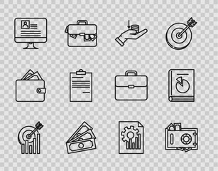 Set line Target with graph chart, Safe and money, Money hand, Stacks paper cash, Computer monitor resume, Document, and User manual icon. Vector