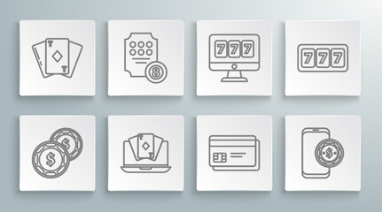 Set line Casino chip with dollar, Online slot machine, poker table game, Credit card, lucky sevens jackpot, Slot and Playing diamonds icon. Vector