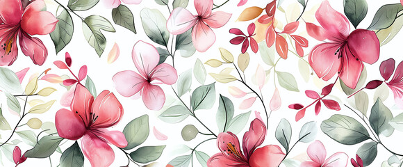 watercolor pattern with flowers and leaves, pink and crimson. gentle natural background, flora and botany - obrazy, fototapety, plakaty
