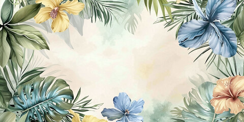 watercolor flowers around the frame, in the style of blue and beige, exotic flora and fauna, naturalism.