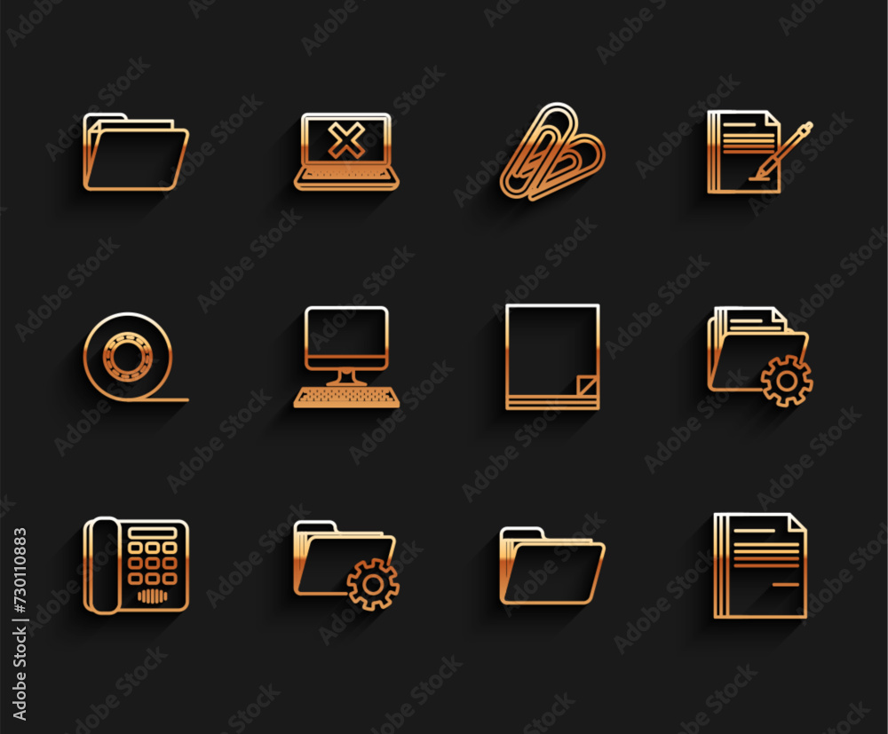 Poster set line telephone, folder settings with gears, document folder, file document, computer monitor key