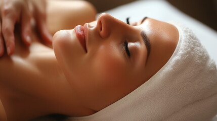 Obraz na płótnie Canvas Young woman receiving head massage at beauty spa