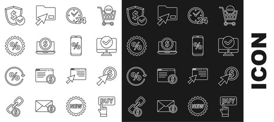 Set line Buy button, Cursor and coin, Computer monitor, Clock 24 hours, Laptop with dollar, Discount percent tag, Shield and Percent discount mobile icon. Vector