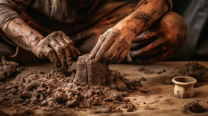 Person is focused on shaping a piece of clay into a sculpture using his hands and tools. Generative AI