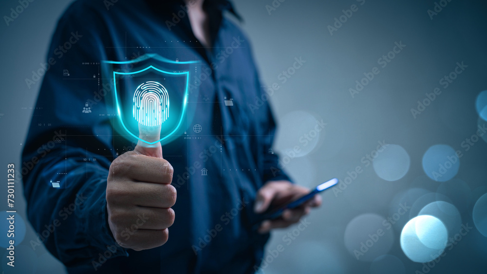 Leinwandbilder cyber security network and data protection concept. businessman using fingerprints to access busines