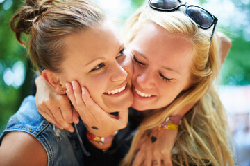 Lesbian couple, smile and women at music festival outdoor, bonding and having fun together at summer event. Love, lgbtq and happy girls at party for celebration, connection and relationship in nature