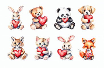 Obraz premium Cute toy animals holding heart, watercolour clipart set isolated on white