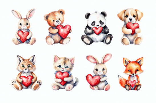 Cute toy animals holding heart, watercolour clipart set isolated on white