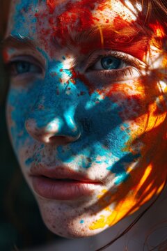 Colorful splash on a closeup of a woman's face.