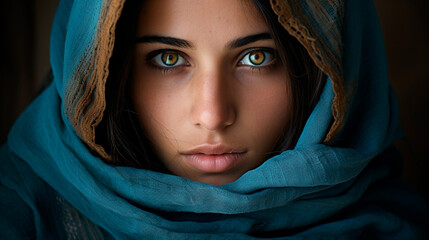 a woman with a blue scarf covering her face