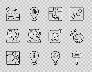 Set line City map navigation, Road traffic sign, Gps device with, Location information, beach, Medical location cross and Satellites orbiting the planet icon. Vector