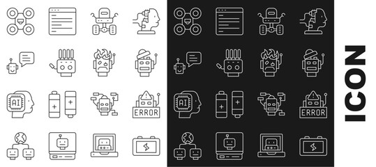 Set line Battery, Error in robot, Robot, Mars rover, Mechanical hand, Bot, Drone and burned out icon. Vector