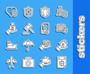 Set line Calendar with shield, House in hand, Life insurance, Judge gavel, Money, and Contract icon. Vector