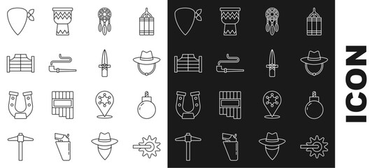 Set line Spur, Bomb ready to explode, Western cowboy hat, Dream catcher with feathers, Smoking pipe, Saloon door, Cowboy bandana and Dagger icon. Vector