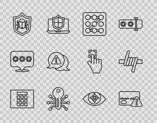 Set line Password protection, Credit card, Graphic password, Smart key, System bug, Exclamation mark in triangle, Eye scan and Barbed wire icon. Vector