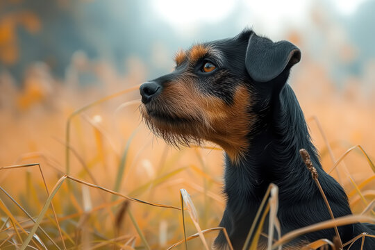 Jagdterrier hunting breed dog sits calmly amidst a field of tall grass