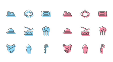 Set line Bear head, Ice cream, Roller coaster, Birthday party horn, Drum with drum sticks, Balloons ribbon, Clown hat and Hand holding playing cards icon. Vector