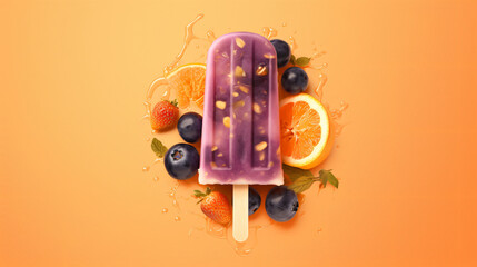 Bitten purple fruit and berry popsicle on pastel