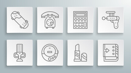 Set line Microphone, Telephone handset, Music CD player, Lipstick, Sound mixer controller, Calculator, Ray gun and Skateboard trick icon. Vector