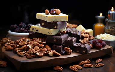 View of chocolate nuts and other delicious food on a wooden table