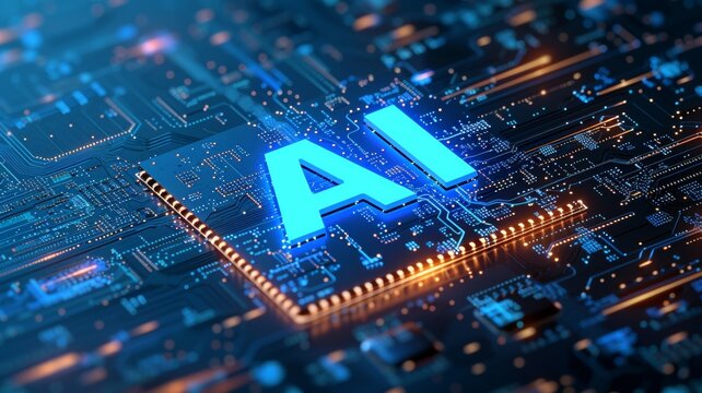 motherboard with ai written on it. Concept AI (Artificial Intelligence) technology, chip IC on PCB, PCB circuit board, microprocessor.
