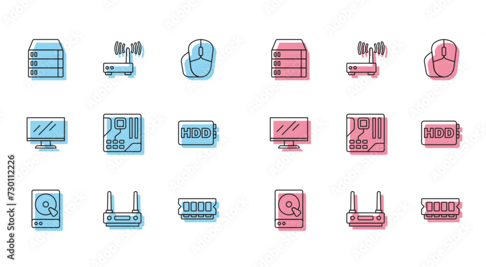 Poster set line hard disk drive hdd, router and wi-fi signal, server, data, web hosting, ram, random access