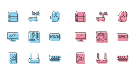 Set line Hard disk drive HDD, Router and wi-fi signal, Server, Data, Web Hosting, RAM, random access memory, Motherboard digital chip, Computer monitor screen and icon. Vector