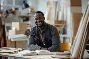 Fototapeta premium Joyful Entrepreneur: A Smiling Businessman Embraces Success at His Desk