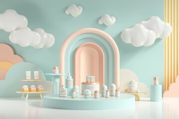 Baby kid toy background. Composition of colorful educational natural wooden toys and geometric shapes podium, platform on pastel color background - obrazy, fototapety, plakaty