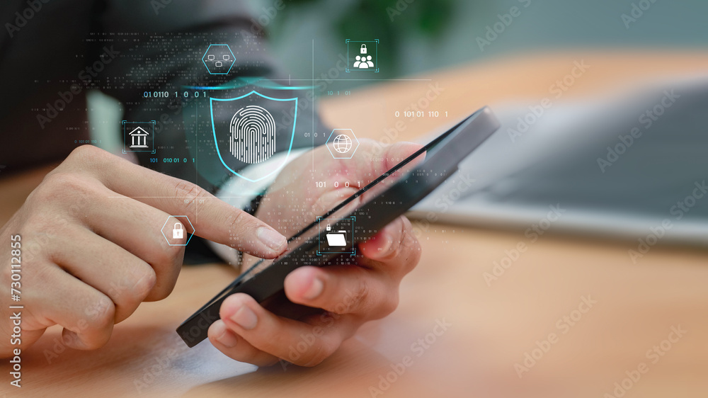 Leinwandbilder Cyber security network and data protection concept.  Businessmen may access security and identify big data organisations, banks, and cloud computers by using finger scanning.