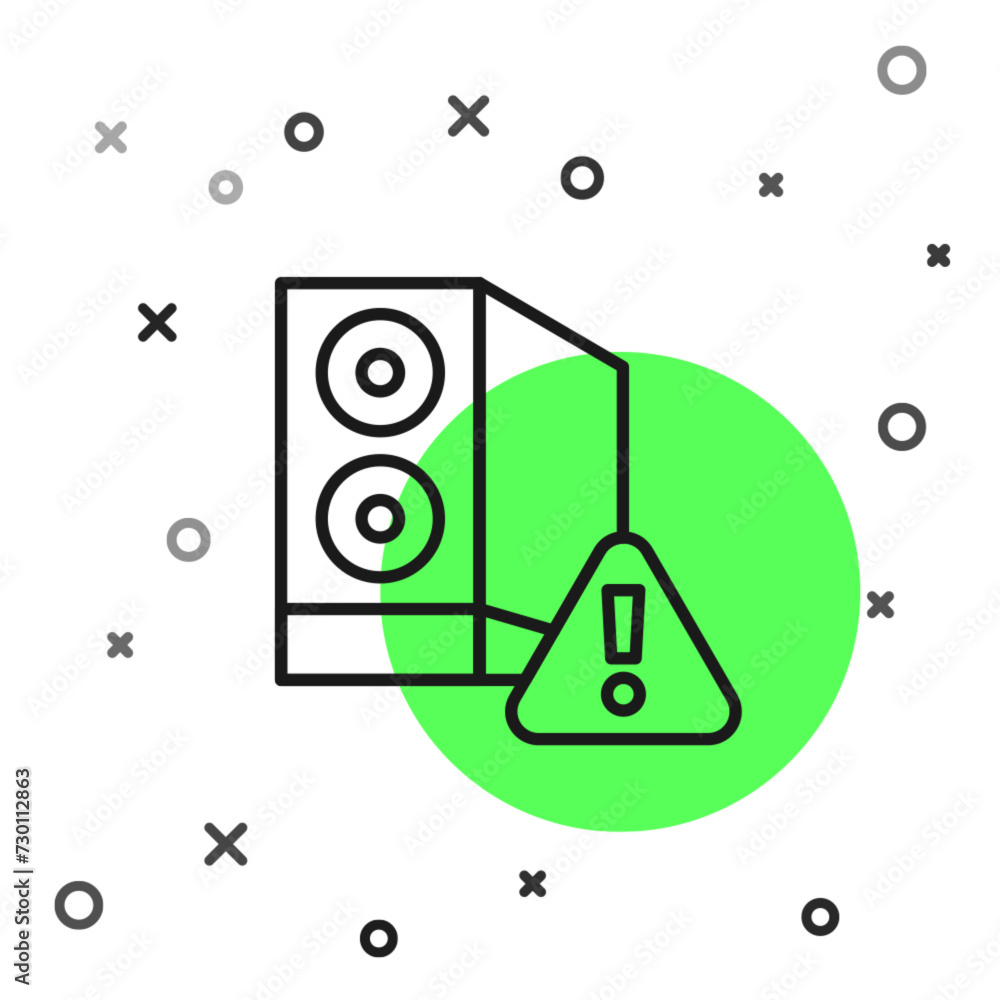 Poster black line case of computer with exclamation mark icon isolated on white background. computer server
