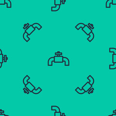 Blue line Industry metallic pipes and valve icon isolated seamless pattern on green background. Vector