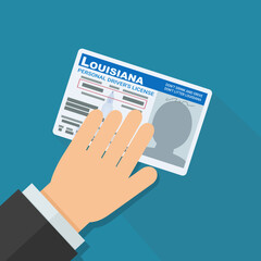 A hand presents a driver's license from the US state of Louisiana in flat design style on blue background - obrazy, fototapety, plakaty