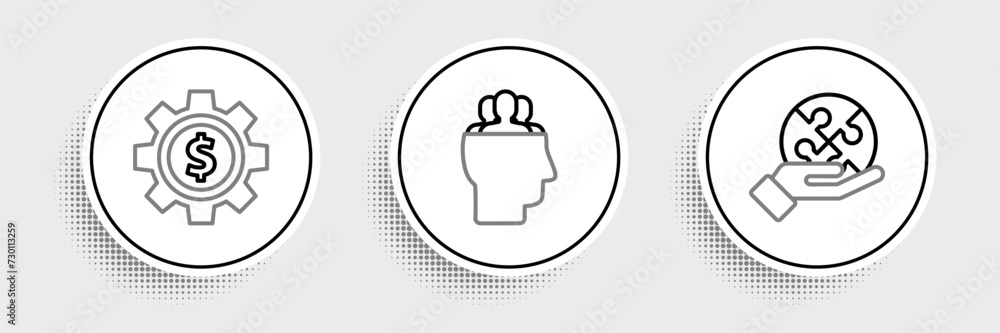 Poster set line piece of puzzle in hand, gear with dollar symbol and project team base icon. vector