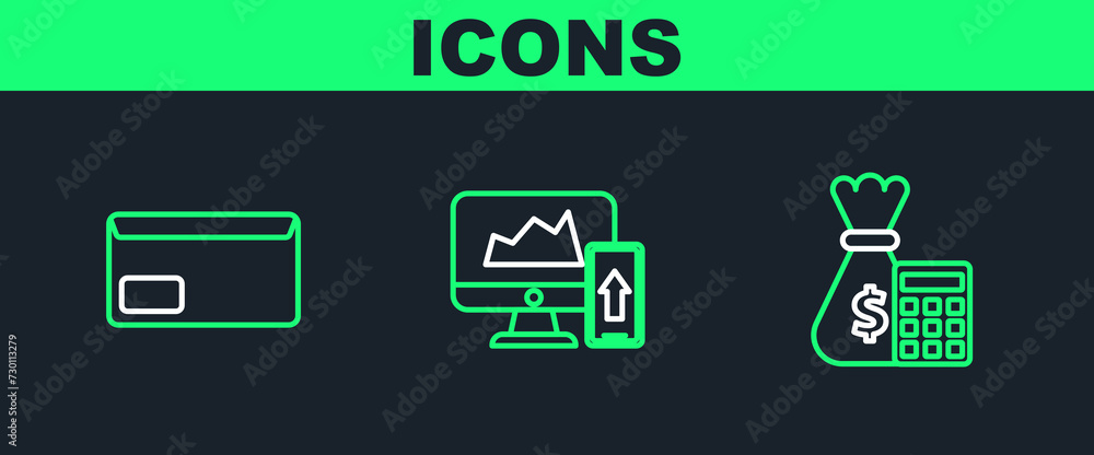 Poster set line calculator with money bag, envelope and financial chart graph the computer monitor and mobi