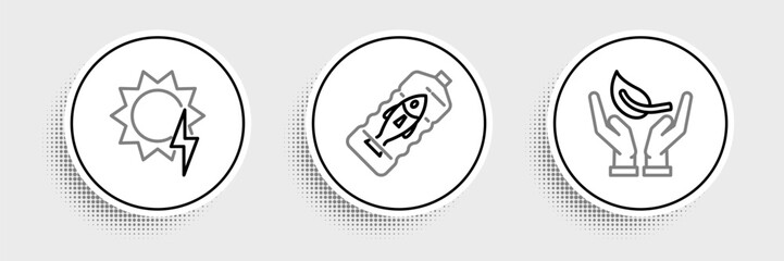 Set line Sprout in hand of environmental protection, Solar energy panel and Stop ocean plastic pollution icon. Vector