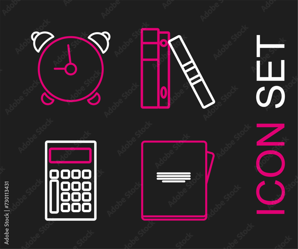 Aufkleber set line notebook, calculator, office folders with papers and documents and alarm clock icon. vector