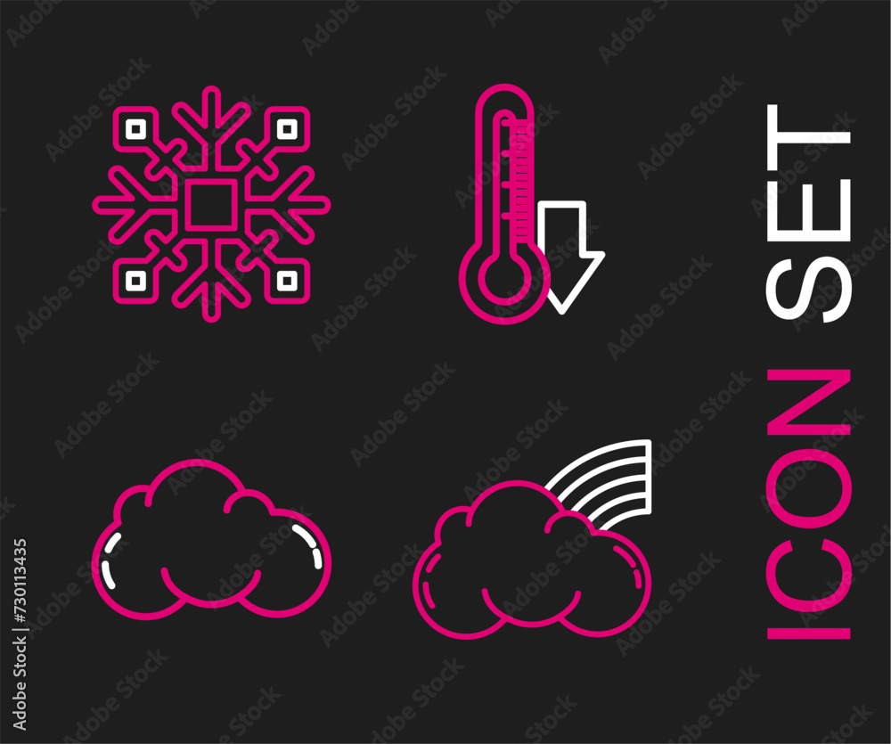 Poster set line rainbow with clouds, cloud, thermometer and snowflake icon. vector