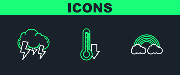 Set line Rainbow with clouds, Storm and Thermometer icon. Vector