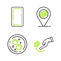 Set line Human hand throwing game dice, Glass of whiskey cubes, Casino location and Playing card back icon. Vector