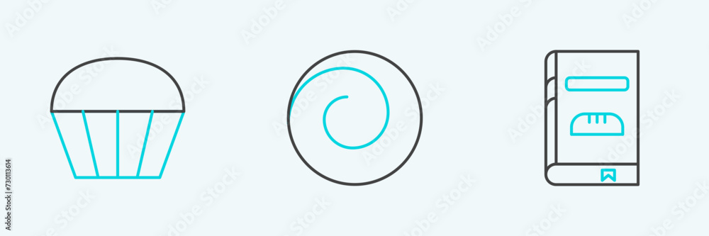 Poster set line cookbook, muffin and roll bun with cinnamon icon. vector