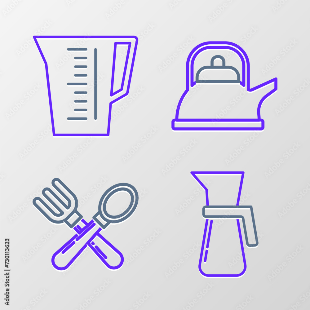 Poster set line measuring cup, crossed fork and spoon, kettle with handle and icon. vector