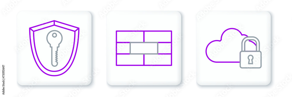 Poster set line cloud computing lock, shield with key and bricks icon. vector