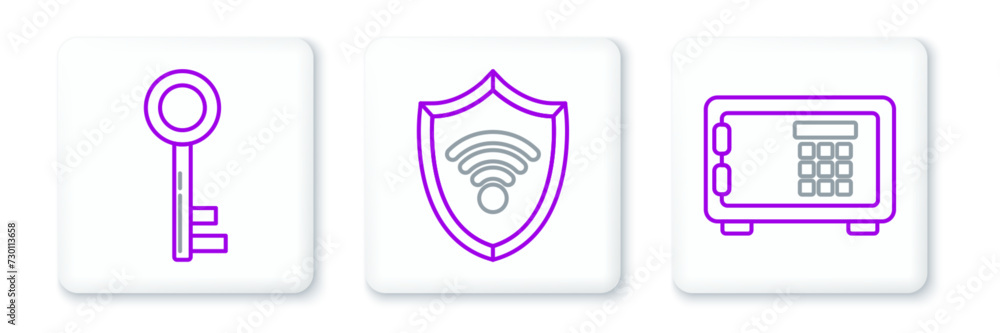 Poster set line safe, key and shield with wifi wireless internet network icon. vector