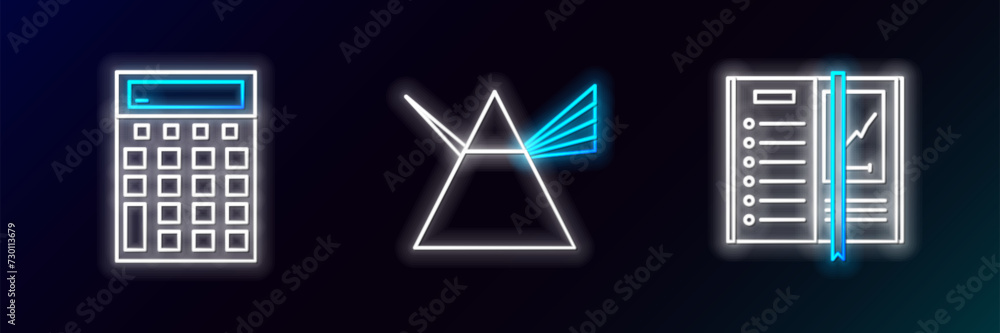 Poster set line notebook, calculator and light rays in prism icon. glowing neon. vector