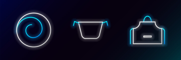 Set line Kitchen apron, Roll bun with cinnamon and Cooking pot icon. Glowing neon. Vector